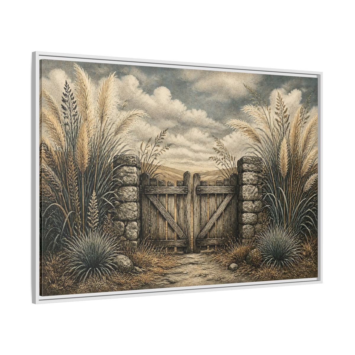Side Mockup 7. Weathered Gate In Grasses shown as framed canvas print