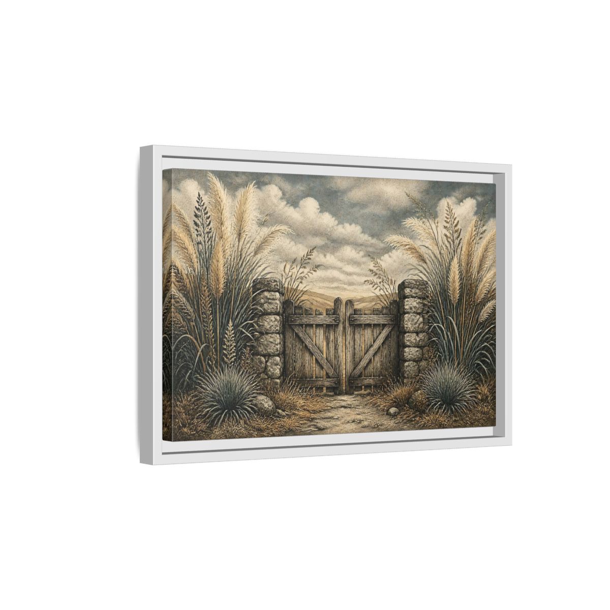 Side Mockup 4. Weathered Gate In Grasses shown as framed canvas print