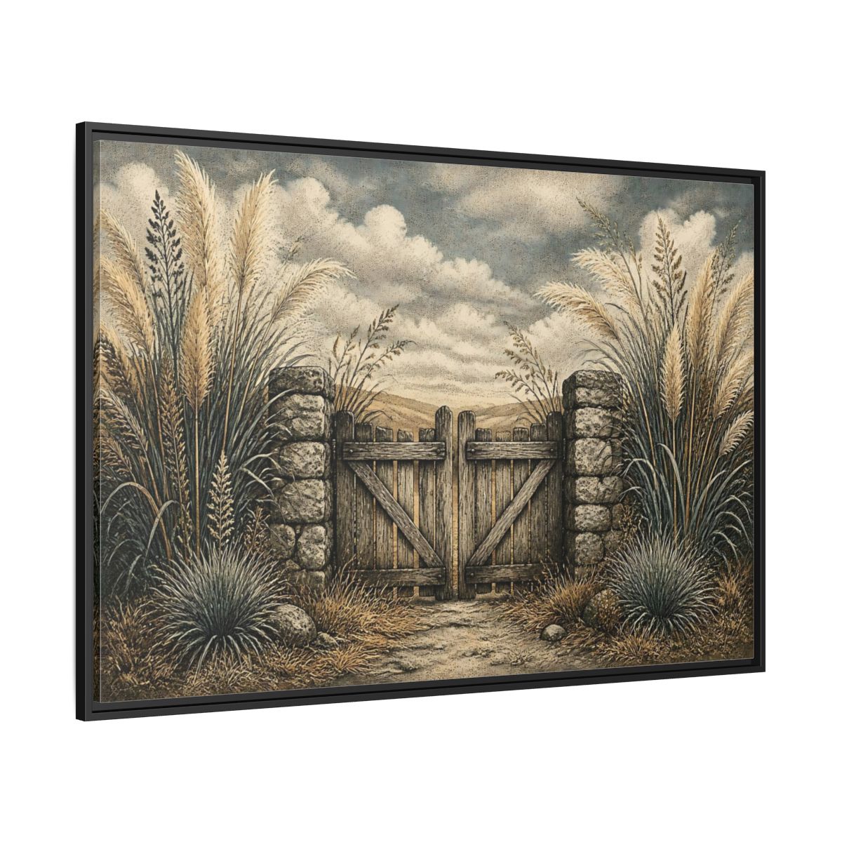 Side Mockup 12. Weathered Gate In Grasses shown as framed canvas print