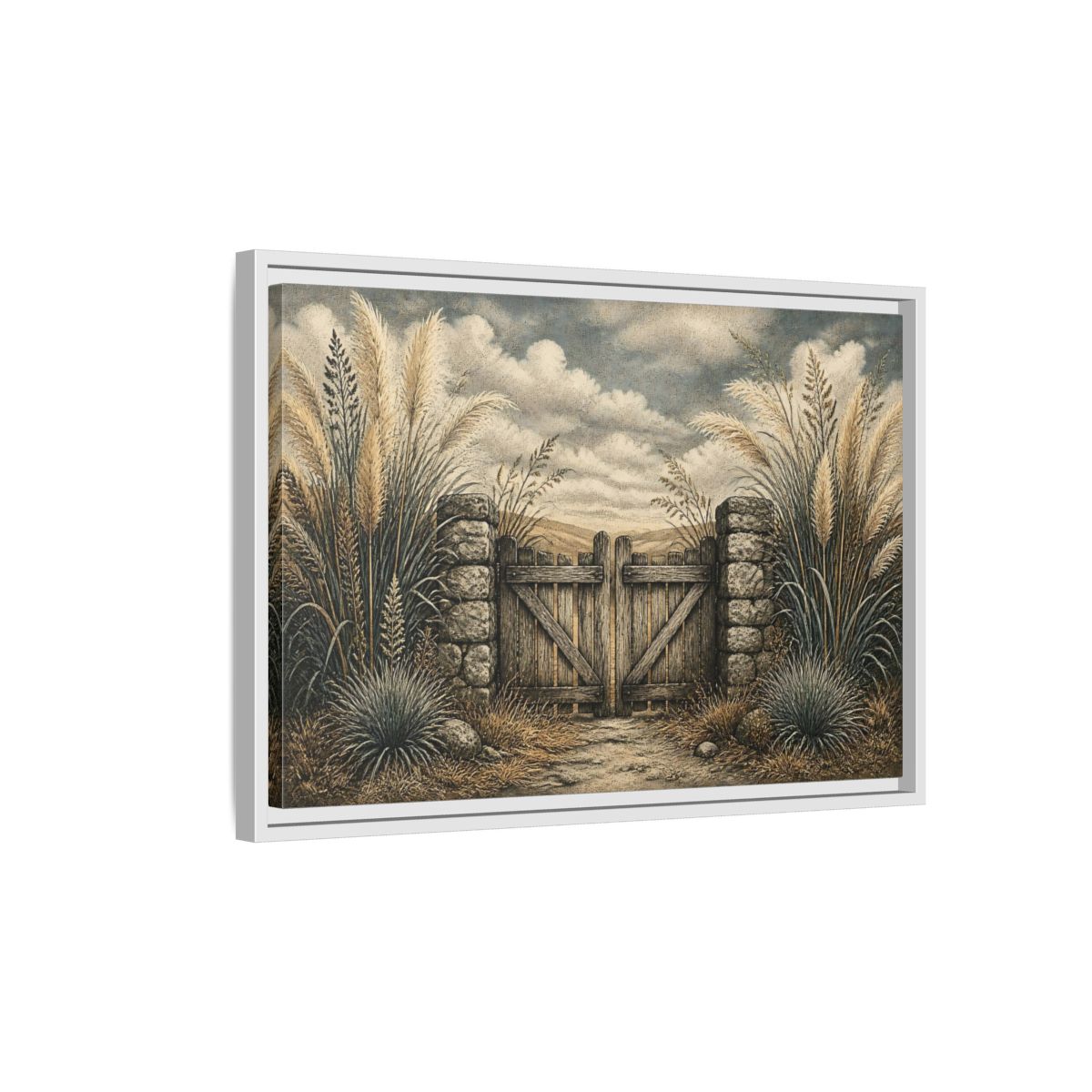Side Mockup 1. Weathered Gate In Grasses shown as framed canvas print