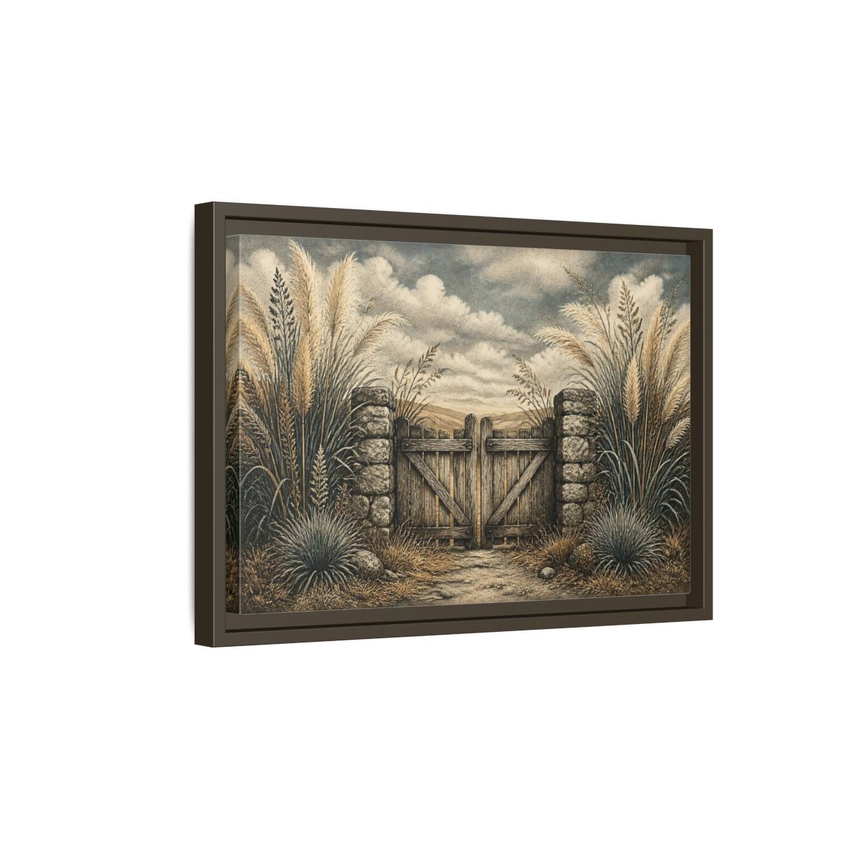 Side Mockup 5. Weathered Gate In Grasses shown as framed canvas print