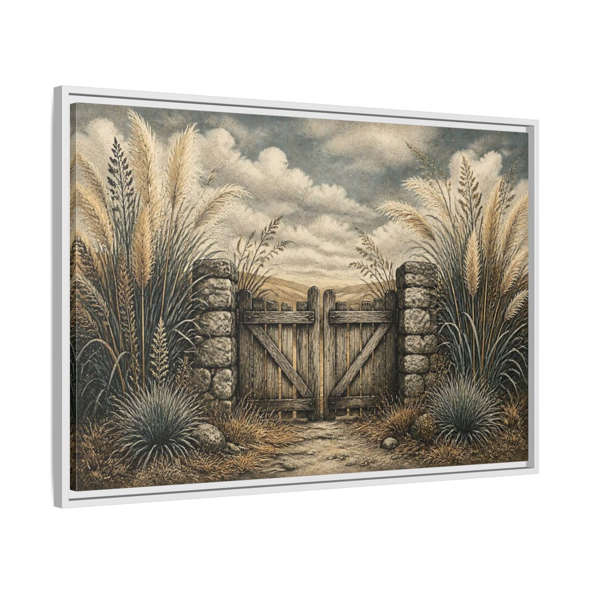 Side Mockup 9. Weathered Gate In Grasses shown as framed canvas print