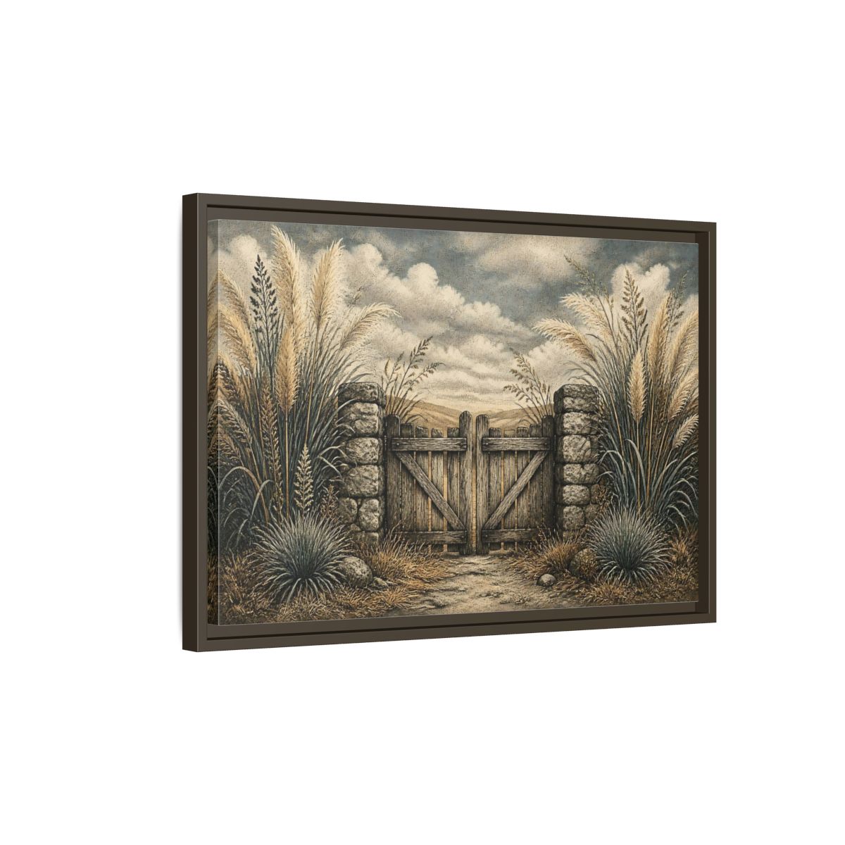 Side Mockup 2. Weathered Gate In Grasses shown as framed canvas print