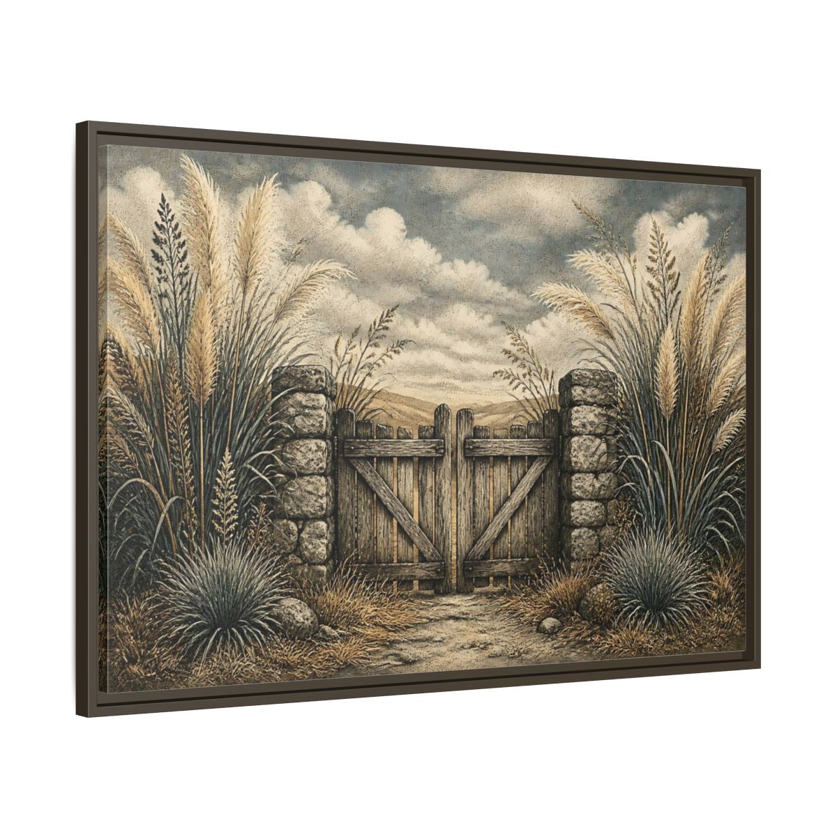Main Mockup. Weathered Gate In Grasses shown as framed canvas print
