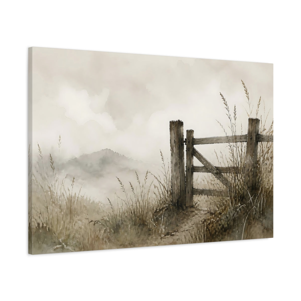 Main Mockup. Weathered Gate In Mist shown as canvas print