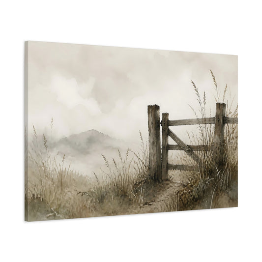 Main Mockup. Weathered Gate In Mist shown as canvas print