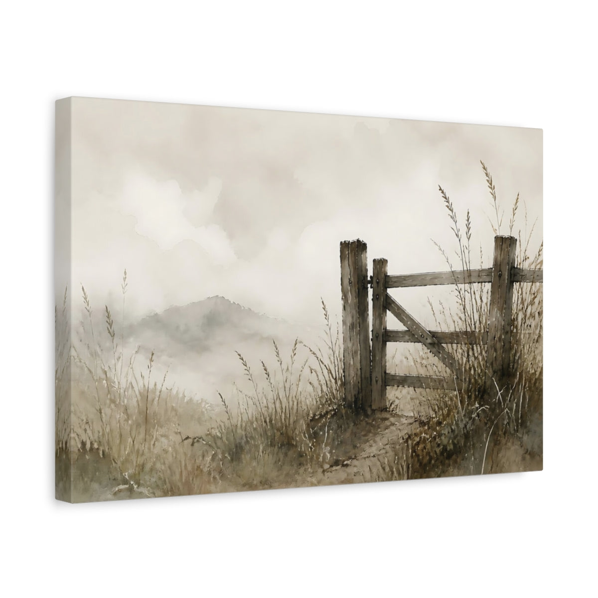 Side Mockup 4. Weathered Gate In Mist shown as canvas print
