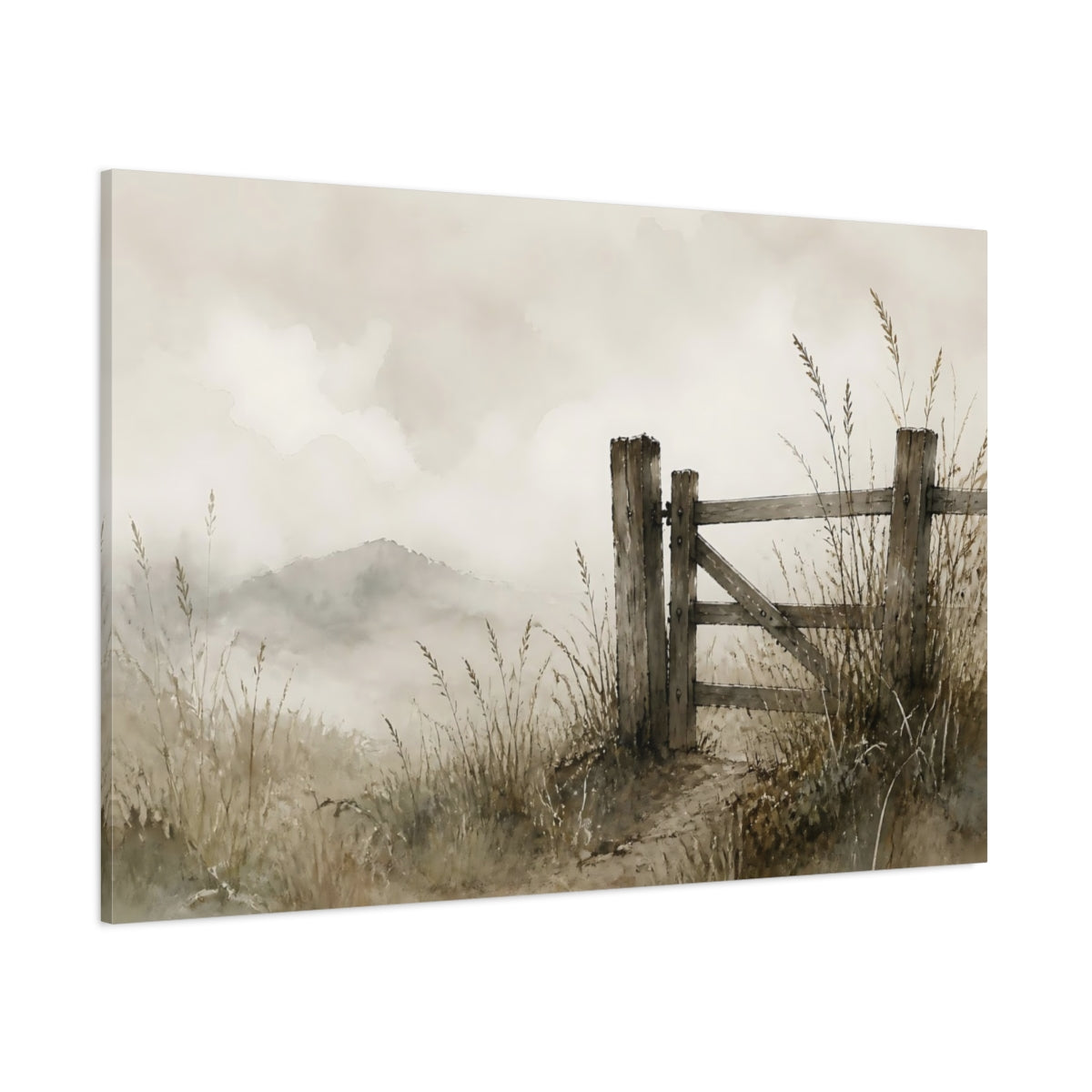 Side Mockup 1. Weathered Gate In Mist shown as canvas print