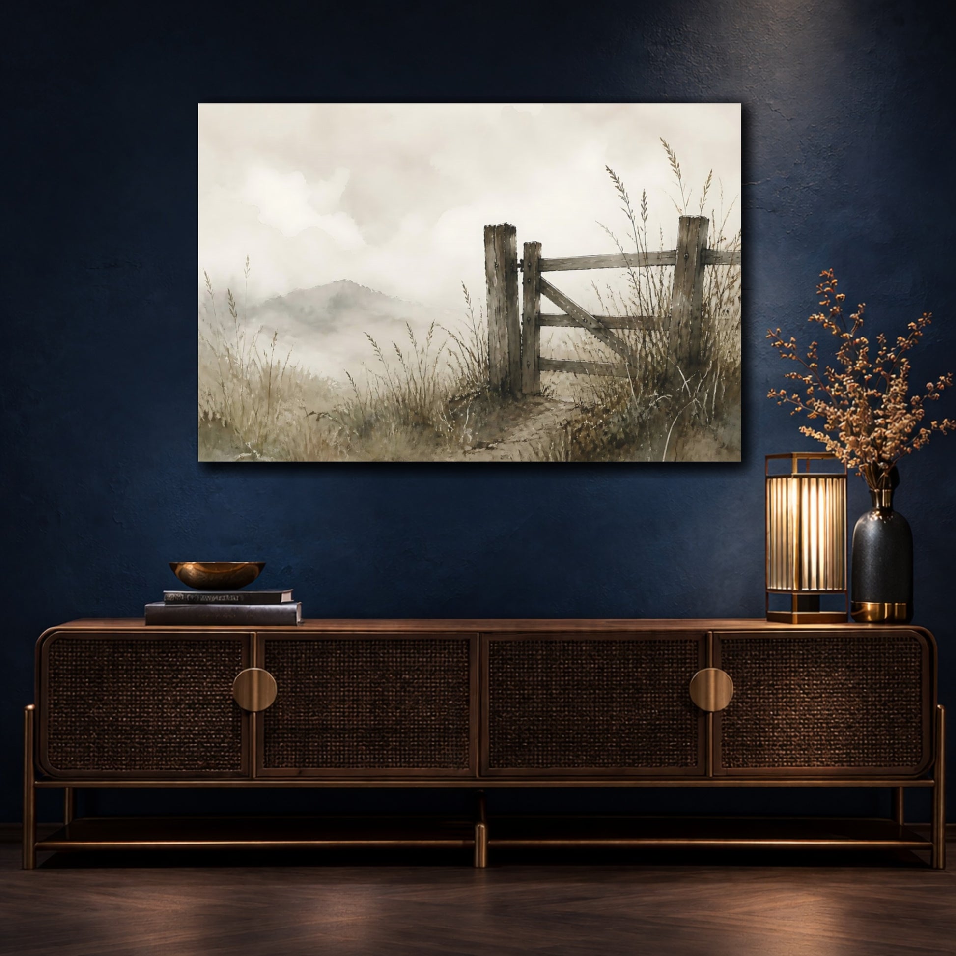 Mockup 4. Weathered Gate In Mist shown as canvas print