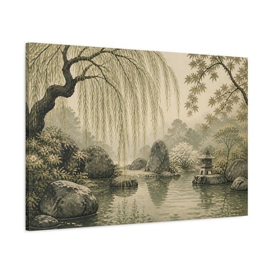 Main Mockup. Weeping Willow Garden Pond shown as canvas print