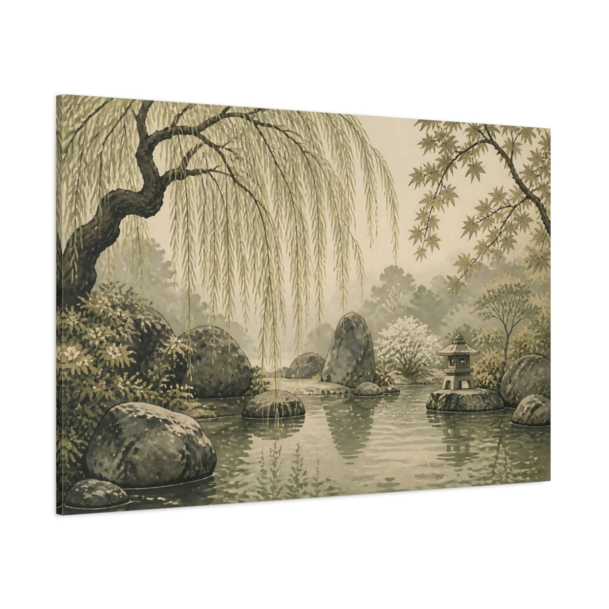 Side Mockup 1. Weeping Willow Garden Pond shown as canvas print