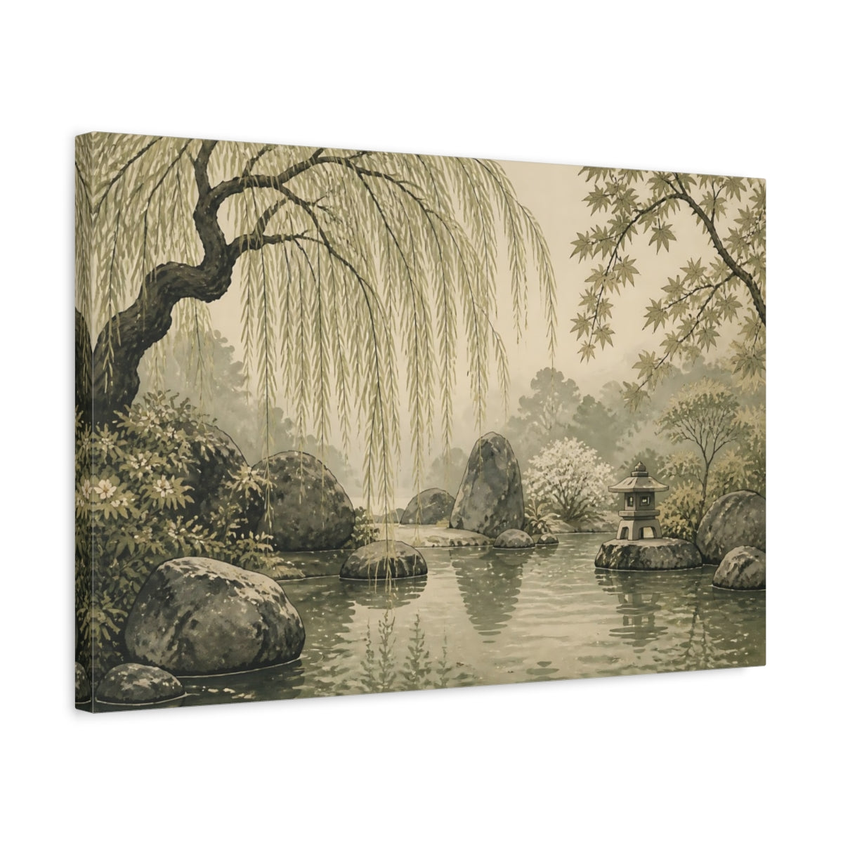 Side Mockup 3. Weeping Willow Garden Pond shown as canvas print