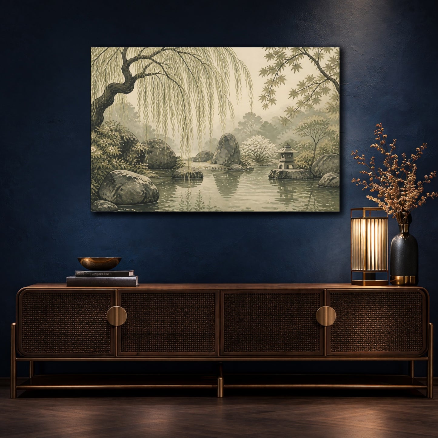 Mockup 4. Weeping Willow Garden Pond shown as canvas print