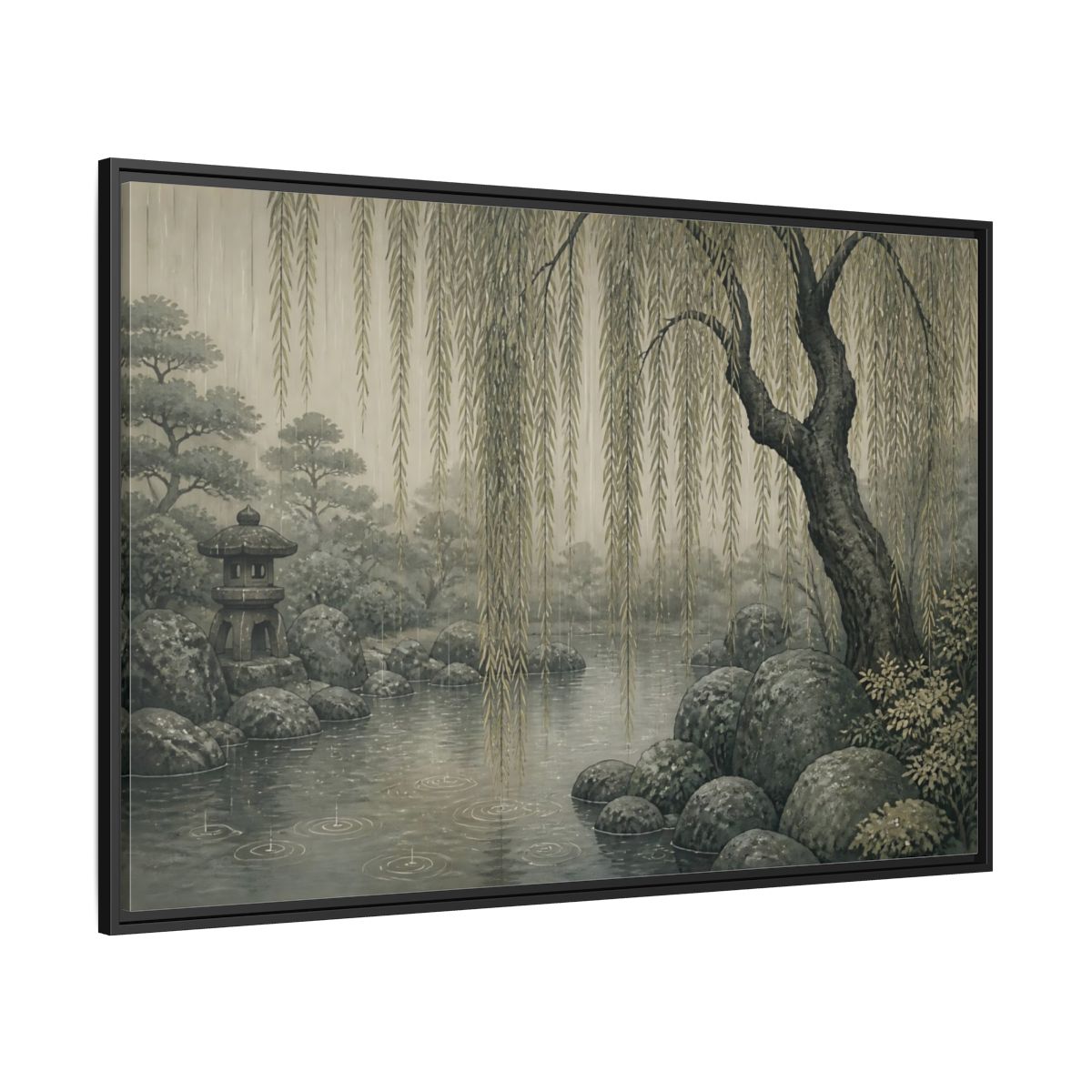 Side Mockup 12. Weeping Willow Stone Pond shown as framed canvas print