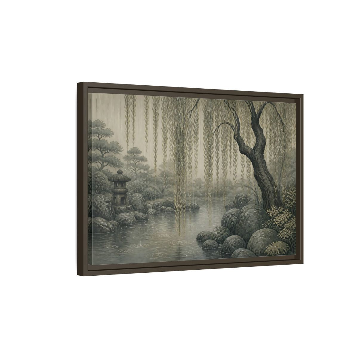 Side Mockup 2. Weeping Willow Stone Pond shown as framed canvas print