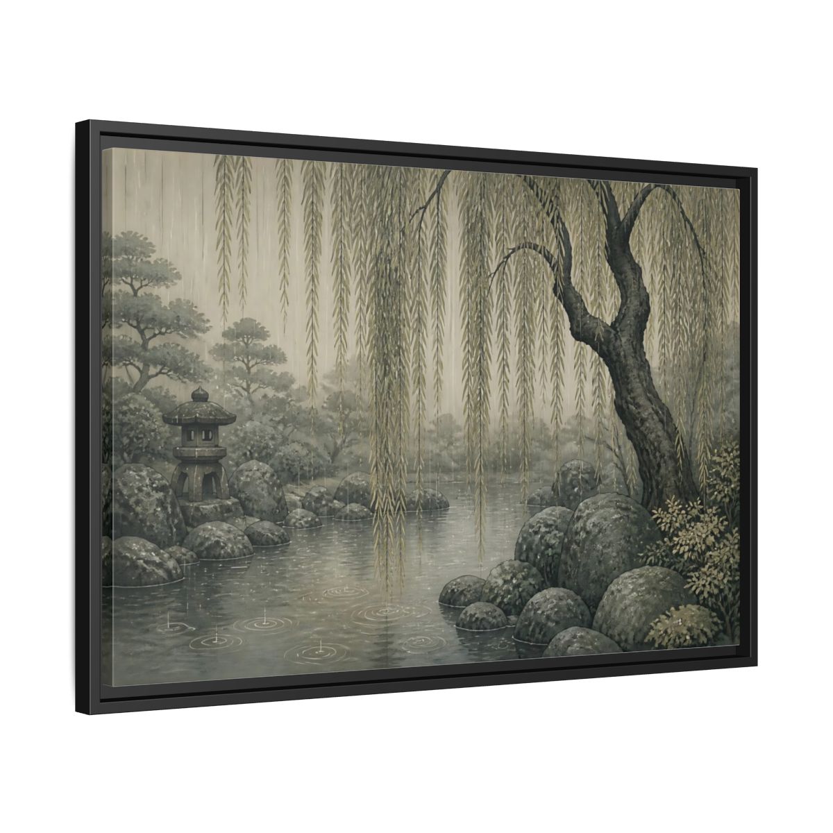 Side Mockup 14. Weeping Willow Stone Pond shown as framed canvas print