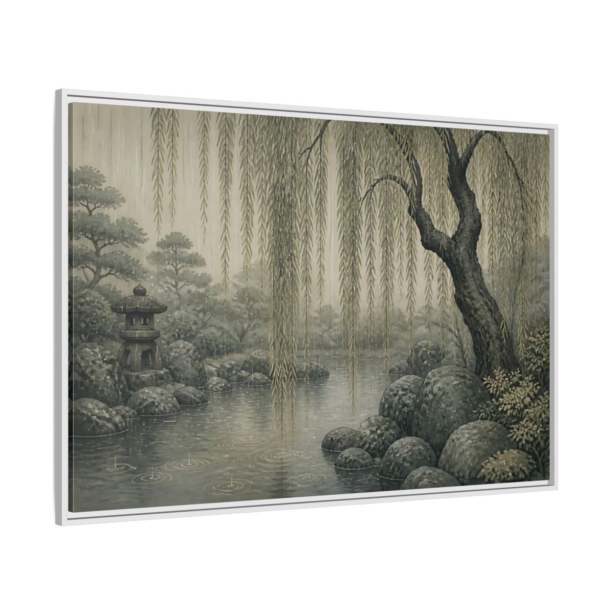 Side Mockup 7. Weeping Willow Stone Pond shown as framed canvas print