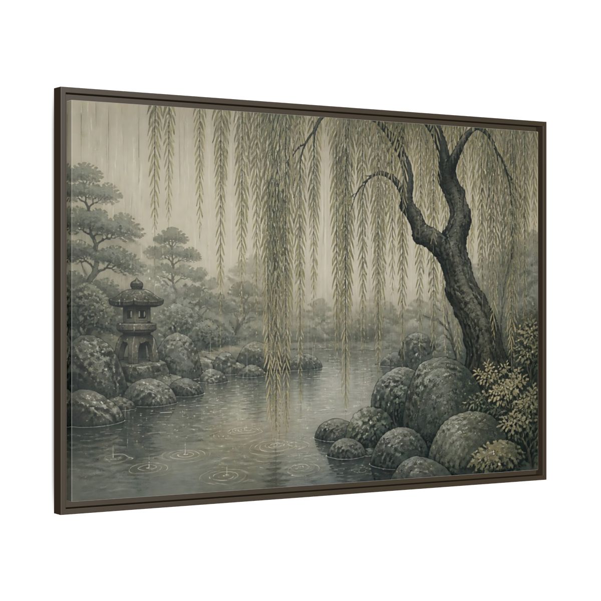 Side Mockup 8. Weeping Willow Stone Pond shown as framed canvas print