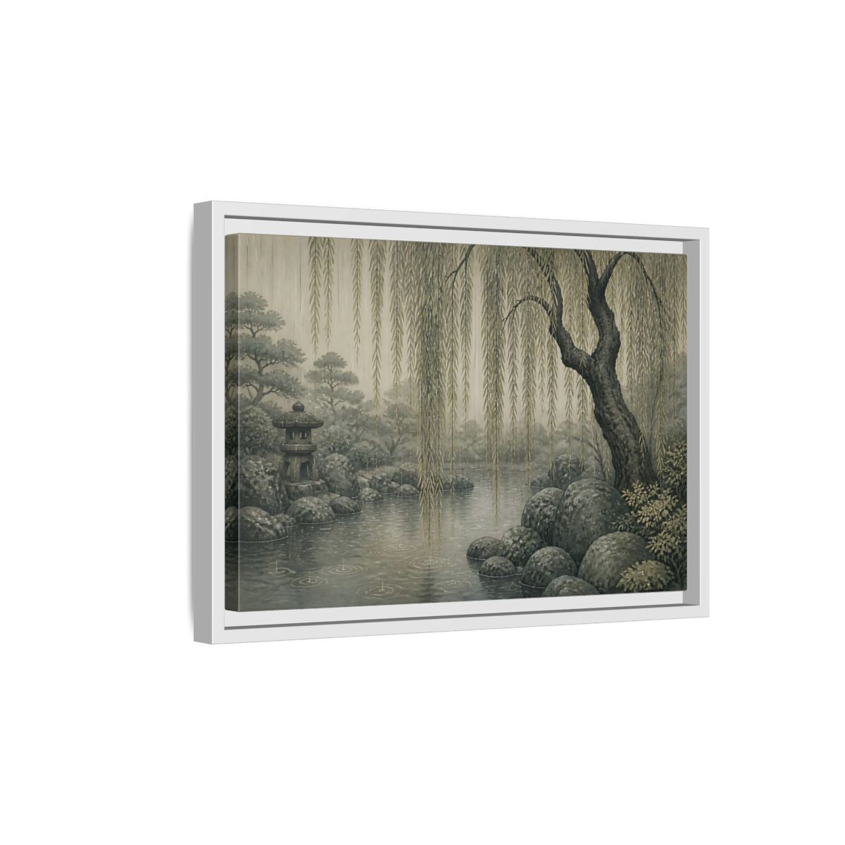 Side Mockup 4. Weeping Willow Stone Pond shown as framed canvas print