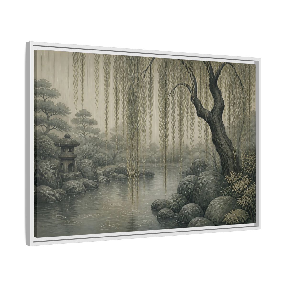 Side Mockup 9. Weeping Willow Stone Pond shown as framed canvas print