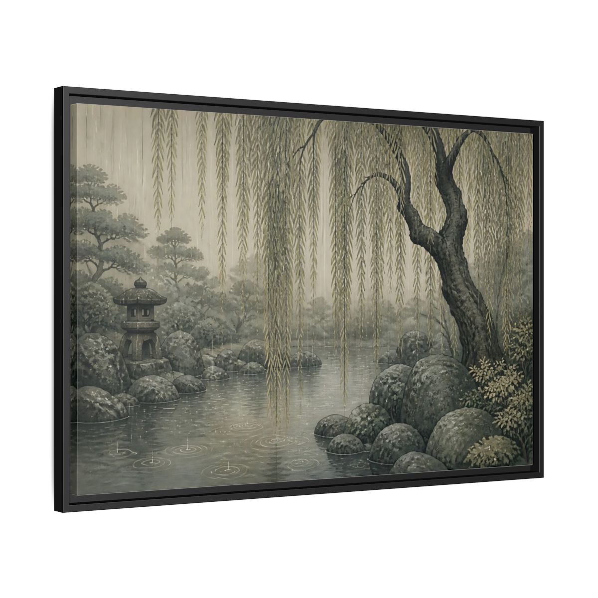 Side Mockup 13. Weeping Willow Stone Pond shown as framed canvas print