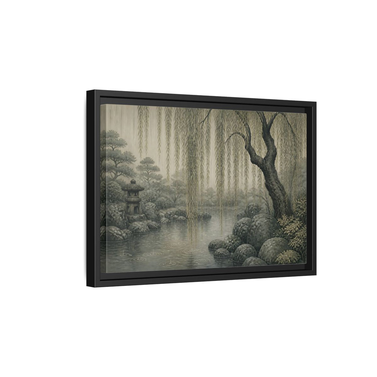 Side Mockup 6. Weeping Willow Stone Pond shown as framed canvas print
