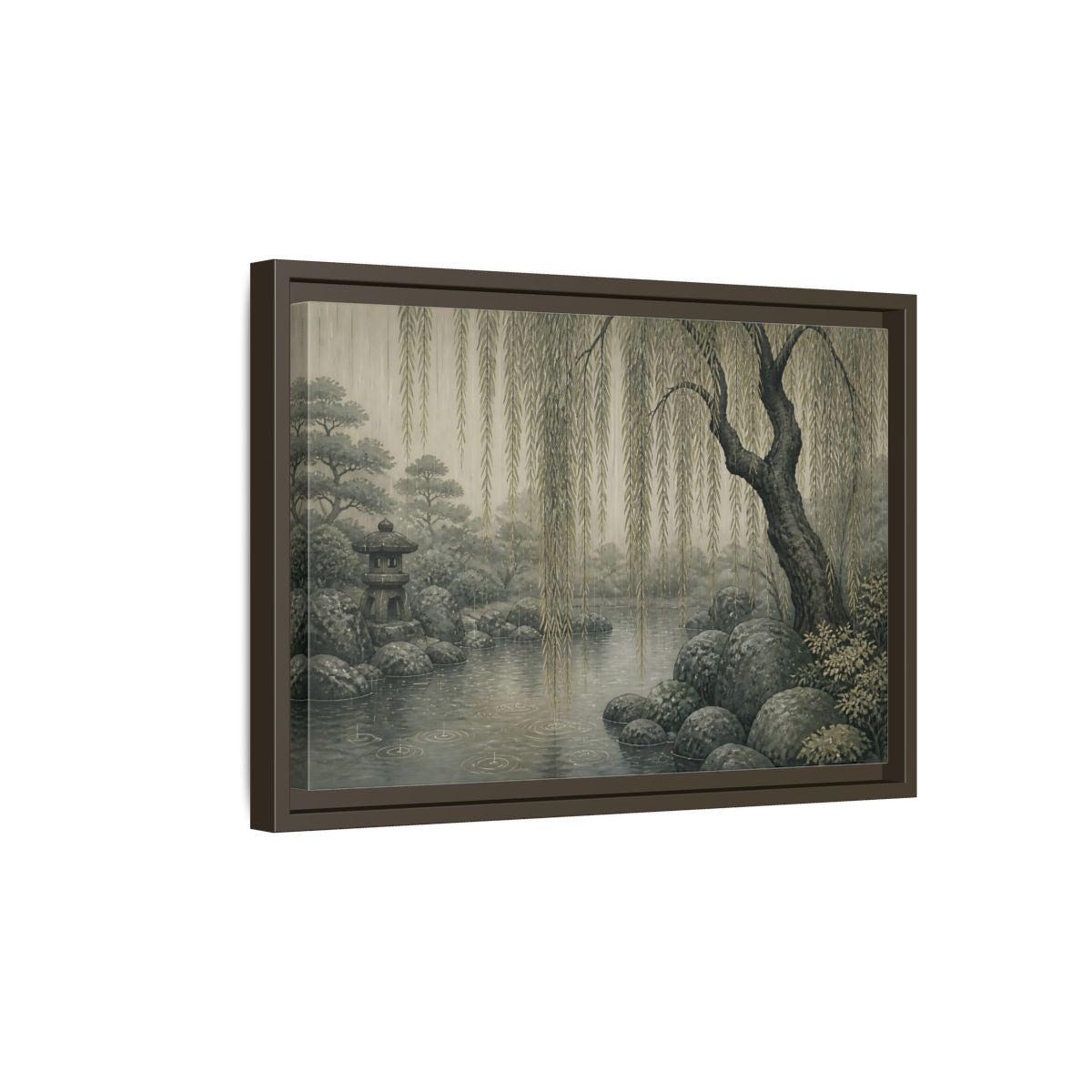 Side Mockup 5. Weeping Willow Stone Pond shown as framed canvas print