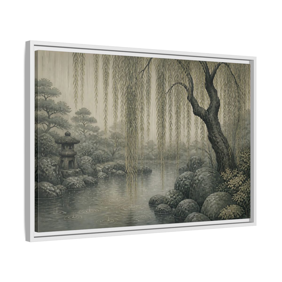Side Mockup 10. Weeping Willow Stone Pond shown as framed canvas print