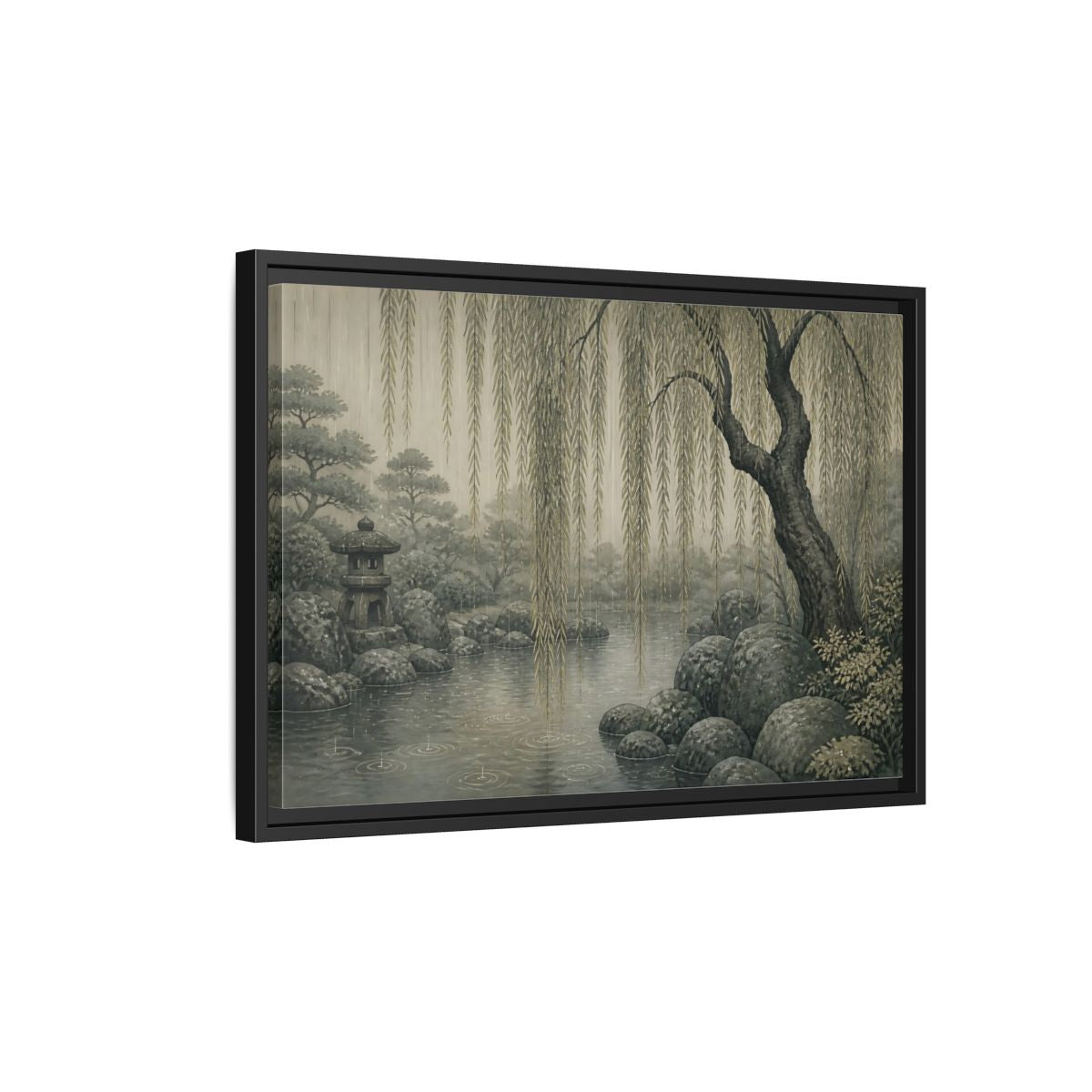 Side Mockup 3. Weeping Willow Stone Pond shown as framed canvas print