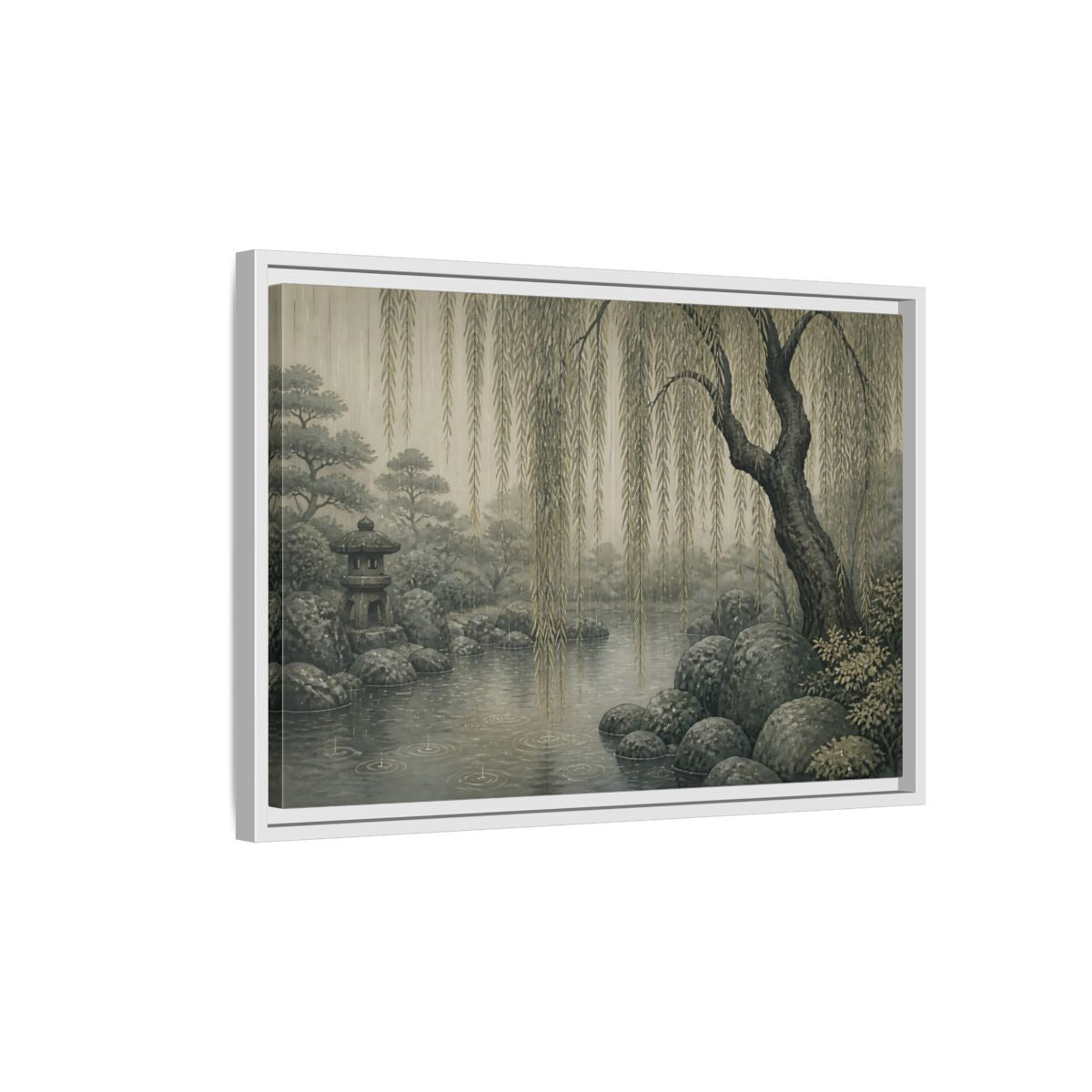 Side Mockup 1. Weeping Willow Stone Pond shown as framed canvas print