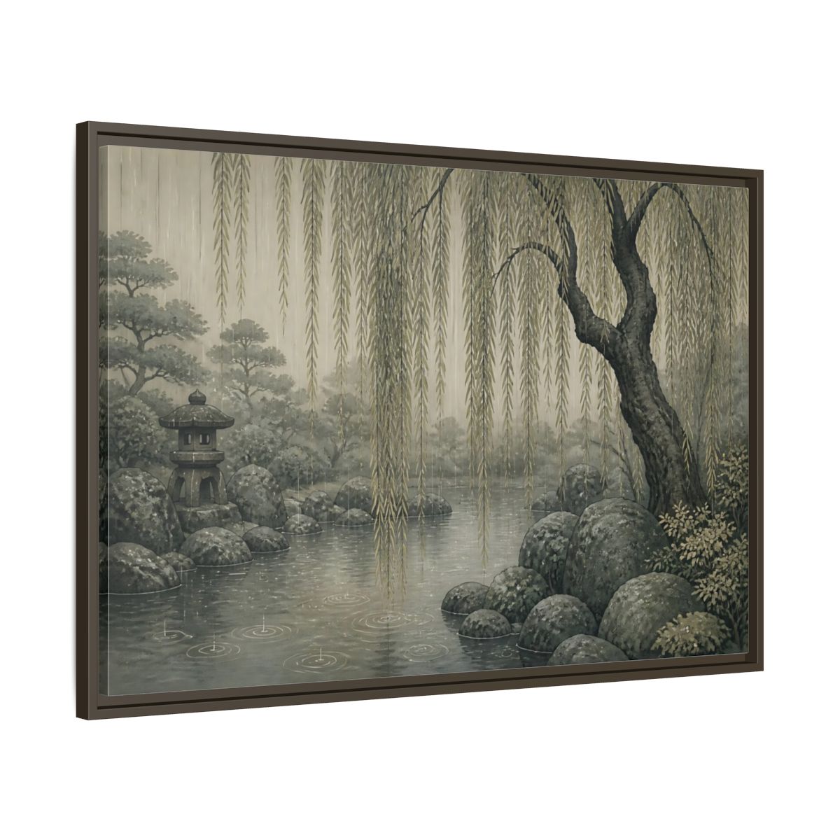 Main Mockup. Weeping Willow Stone Pond shown as framed canvas print