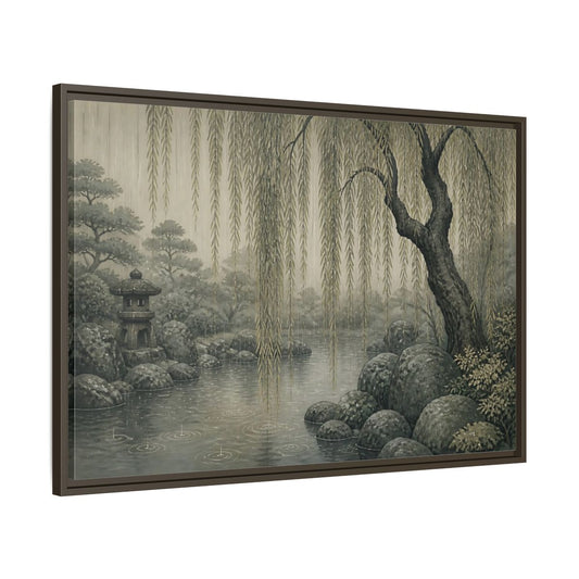 Main Mockup. Weeping Willow Stone Pond shown as framed canvas print