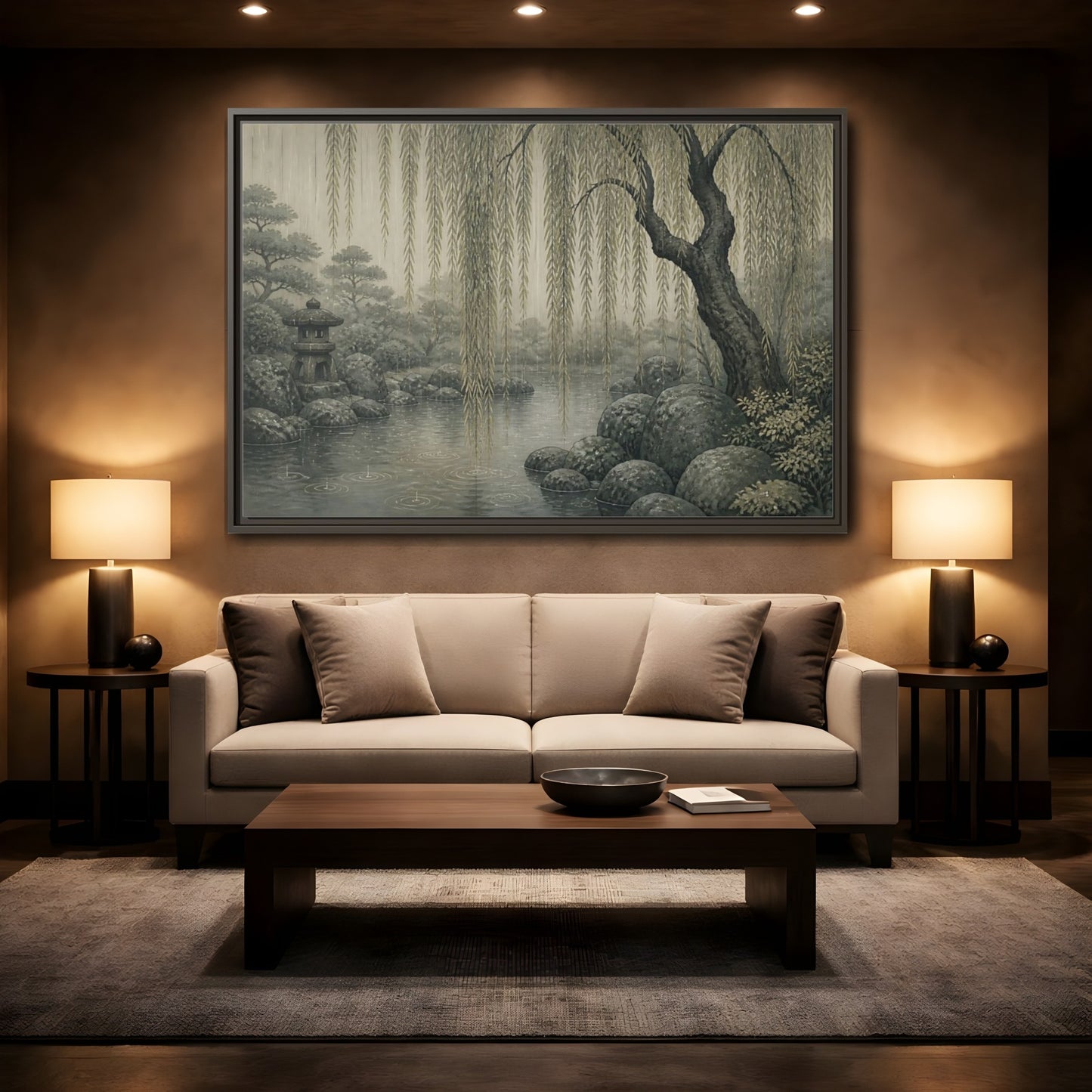 Mockup 2. Weeping Willow Stone Pond shown as framed canvas print