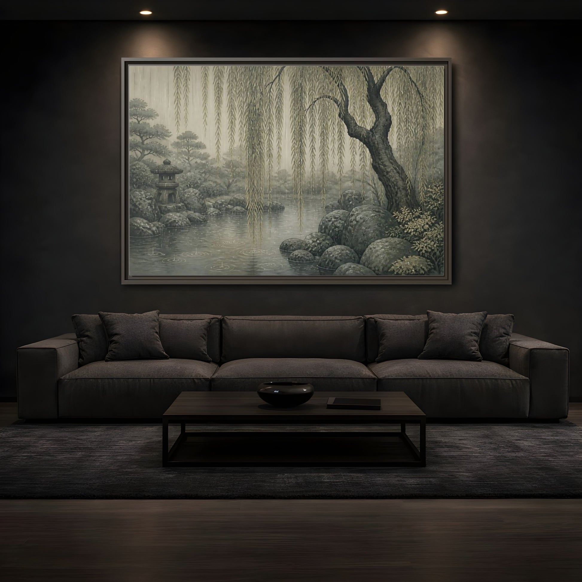 Mockup 3. Weeping Willow Stone Pond shown as framed canvas print