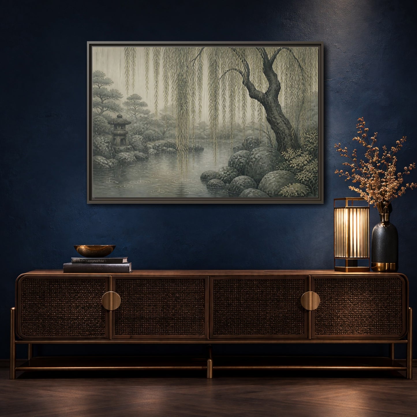 Mockup 4. Weeping Willow Stone Pond shown as framed canvas print