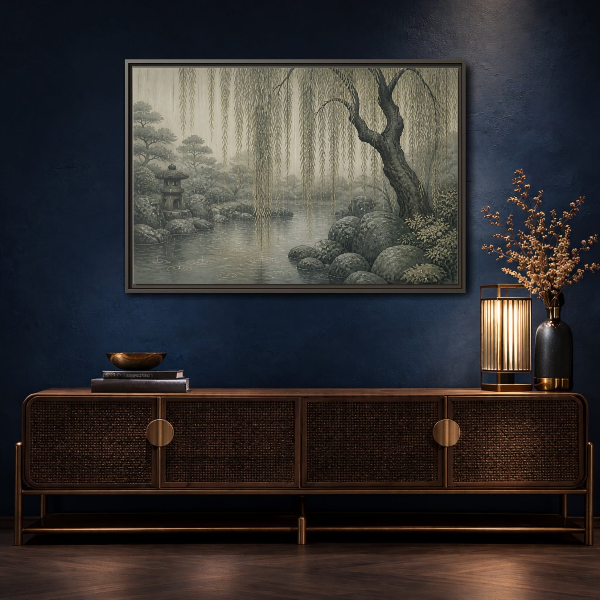 Mockup 4. Weeping Willow Stone Pond shown as framed canvas print