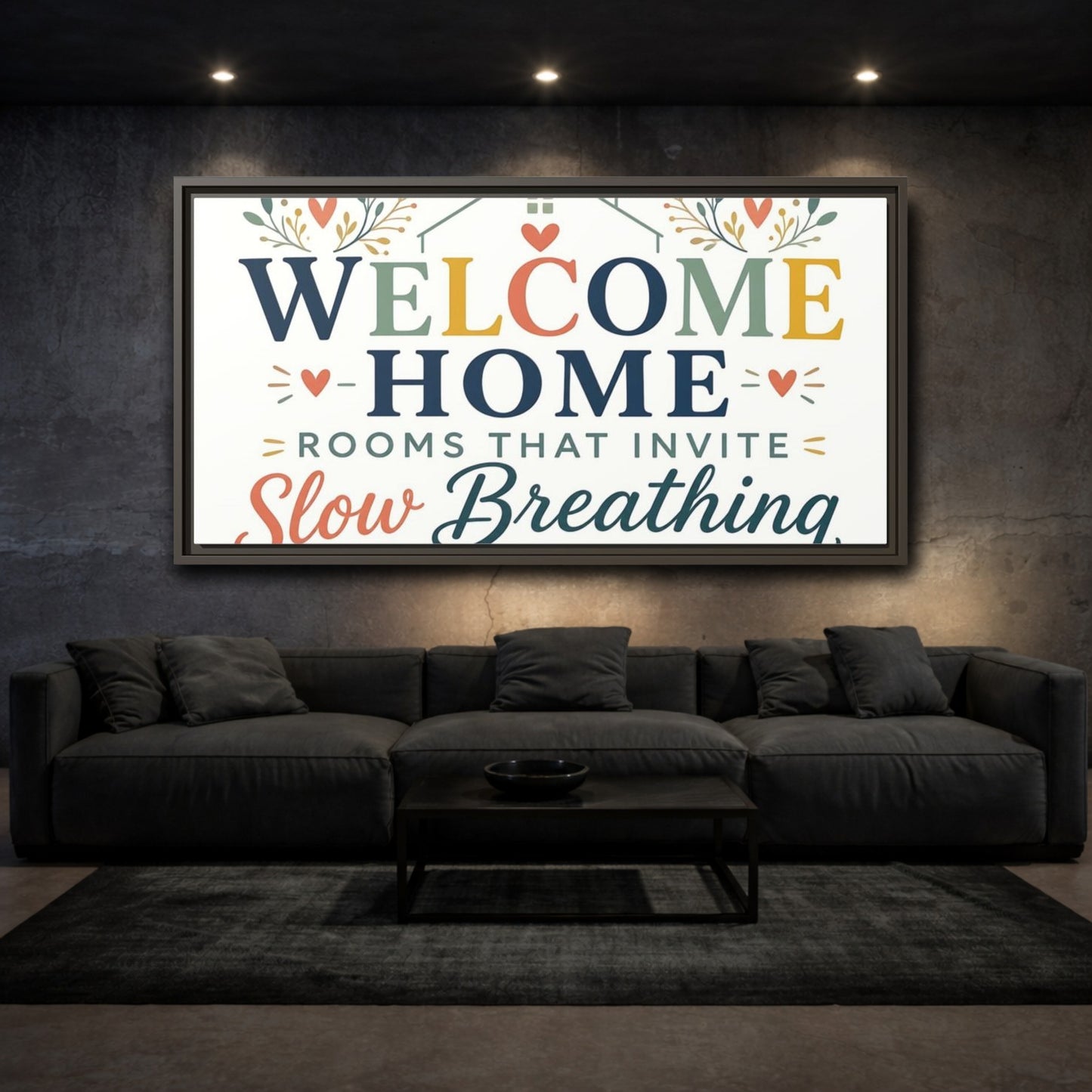 Mockup 3. Welcome Home Slow Breathing shown as framed canvas print