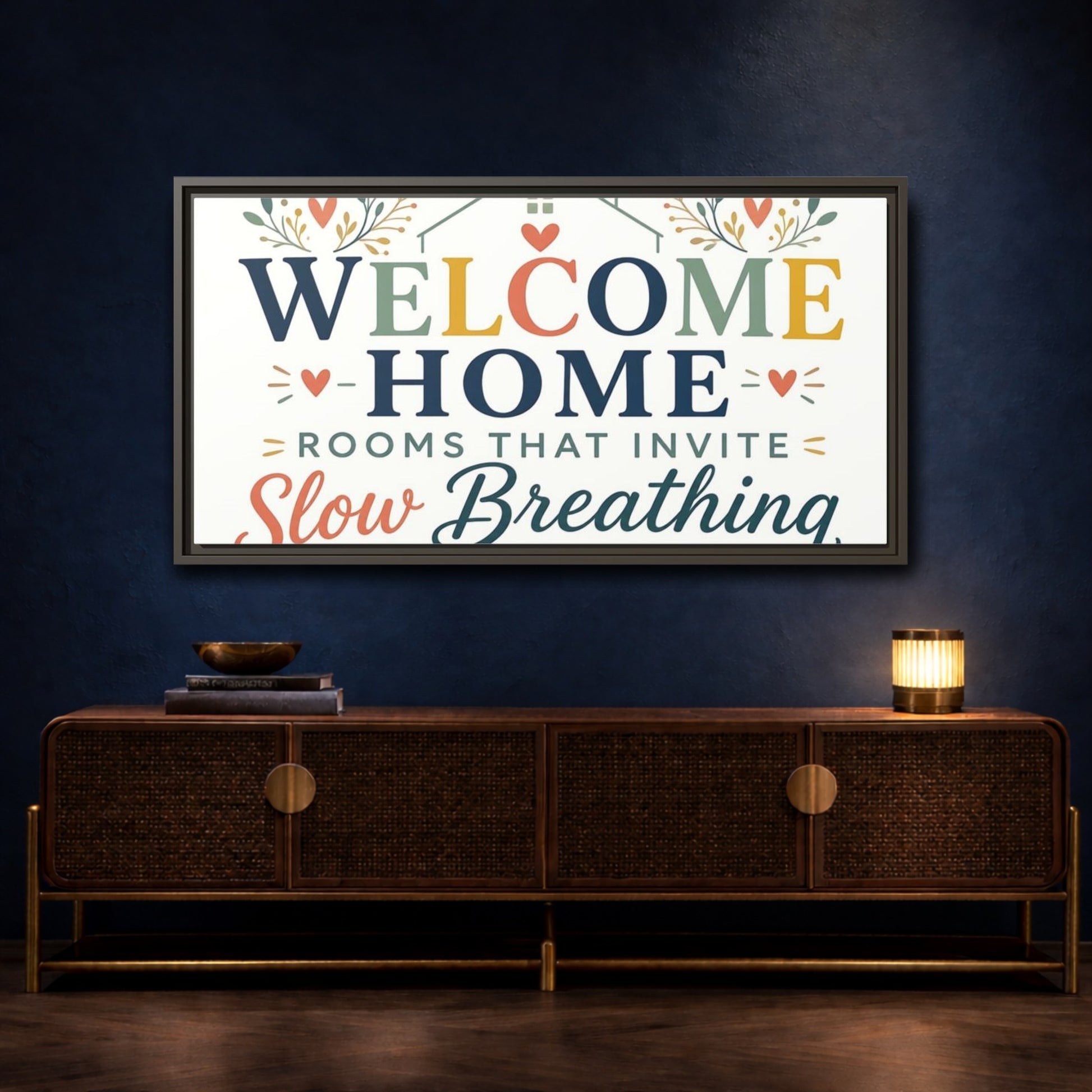 Mockup 4. Welcome Home Slow Breathing shown as framed canvas print