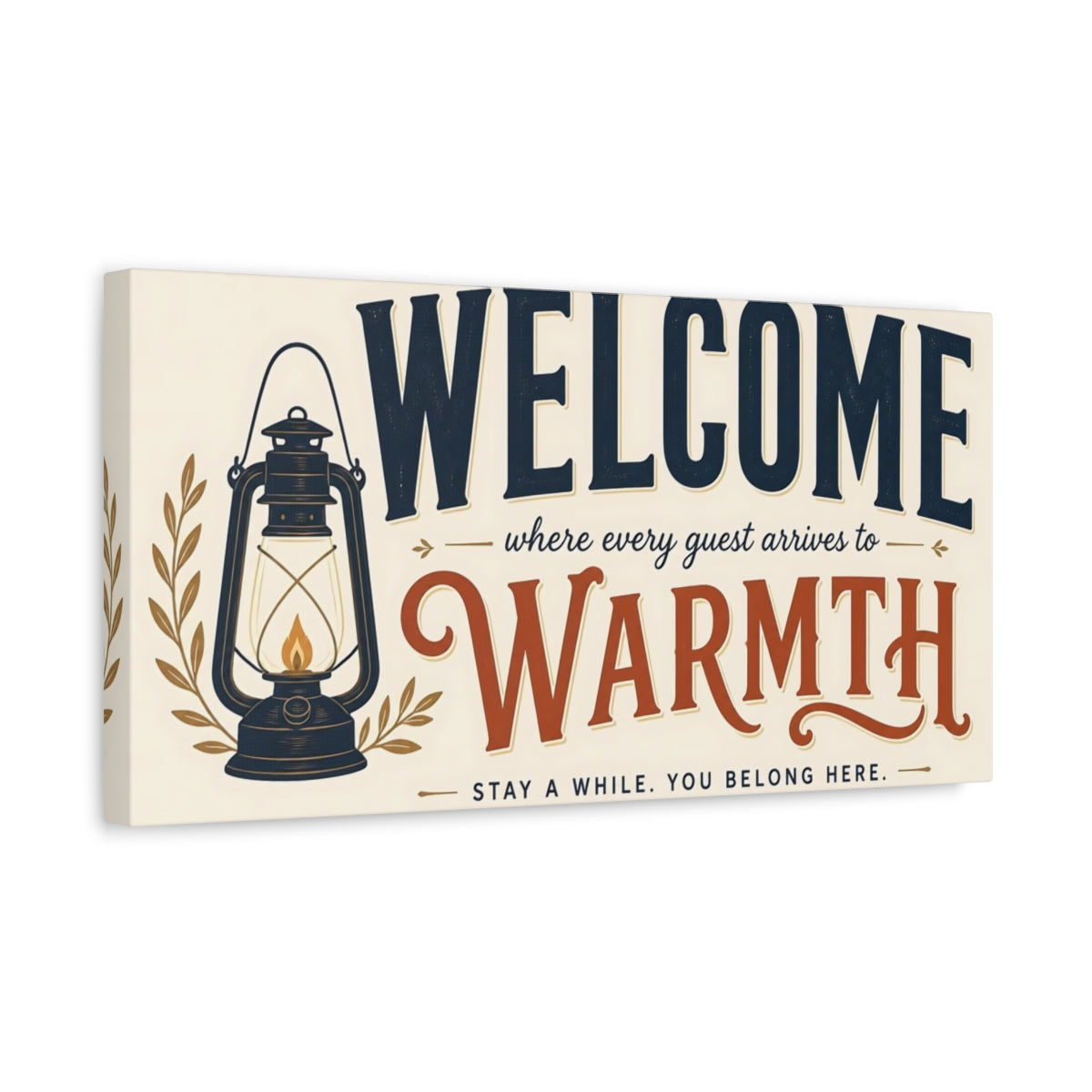 Side Mockup 3. Welcome Warmth Sign shown as canvas print