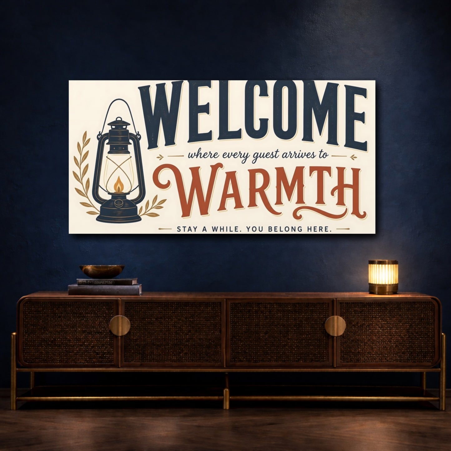 Mockup 4. Welcome Warmth Sign shown as canvas print
