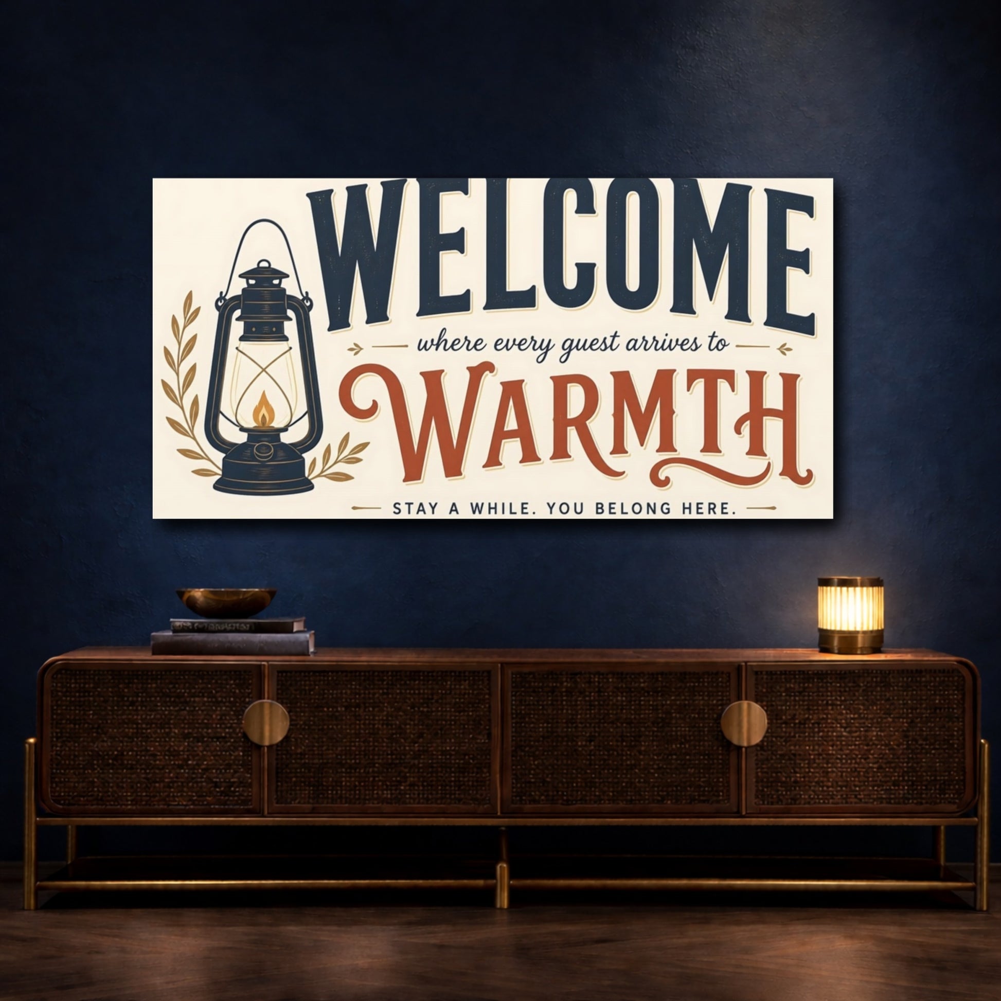 Mockup 4. Welcome Warmth Sign shown as canvas print