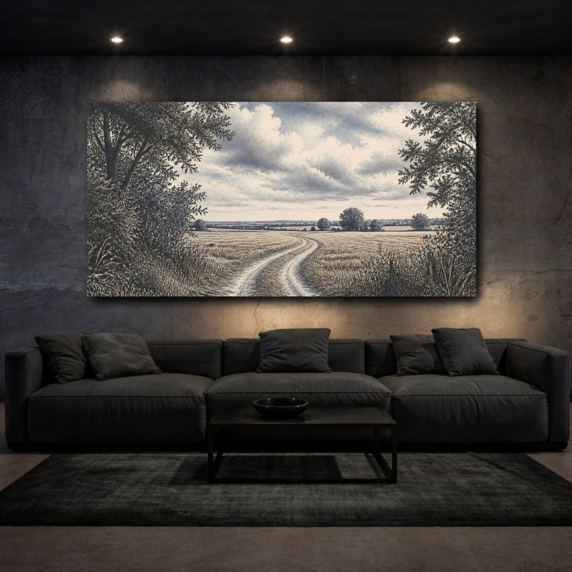 Mockup 3. Wheat Field Country Lane shown as canvas print