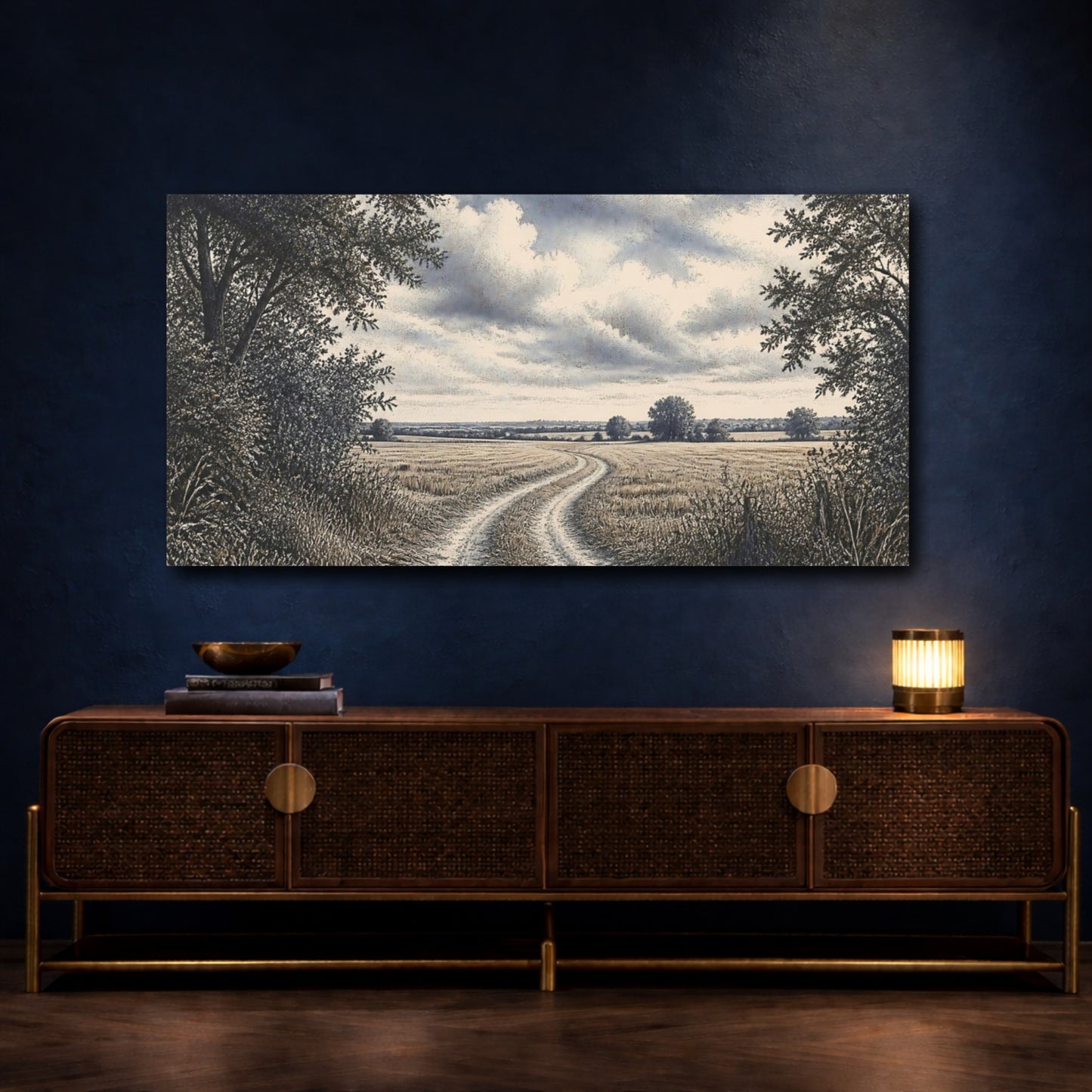 Mockup 4. Wheat Field Country Lane shown as canvas print
