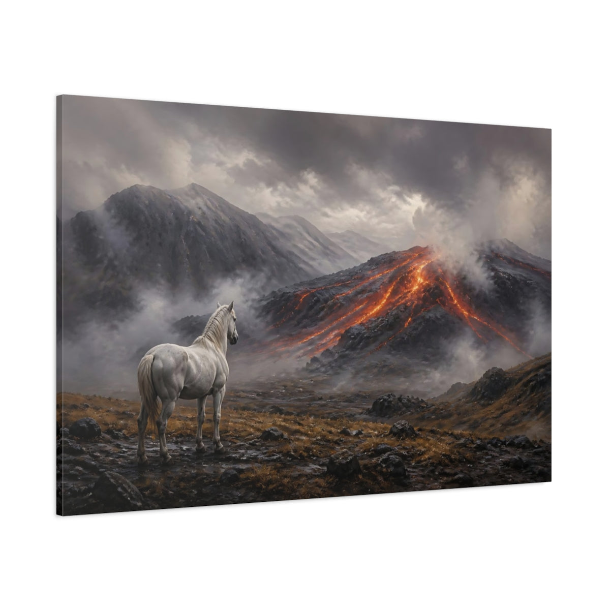 Side Mockup 1. White Horse Lava Landscape shown as canvas print