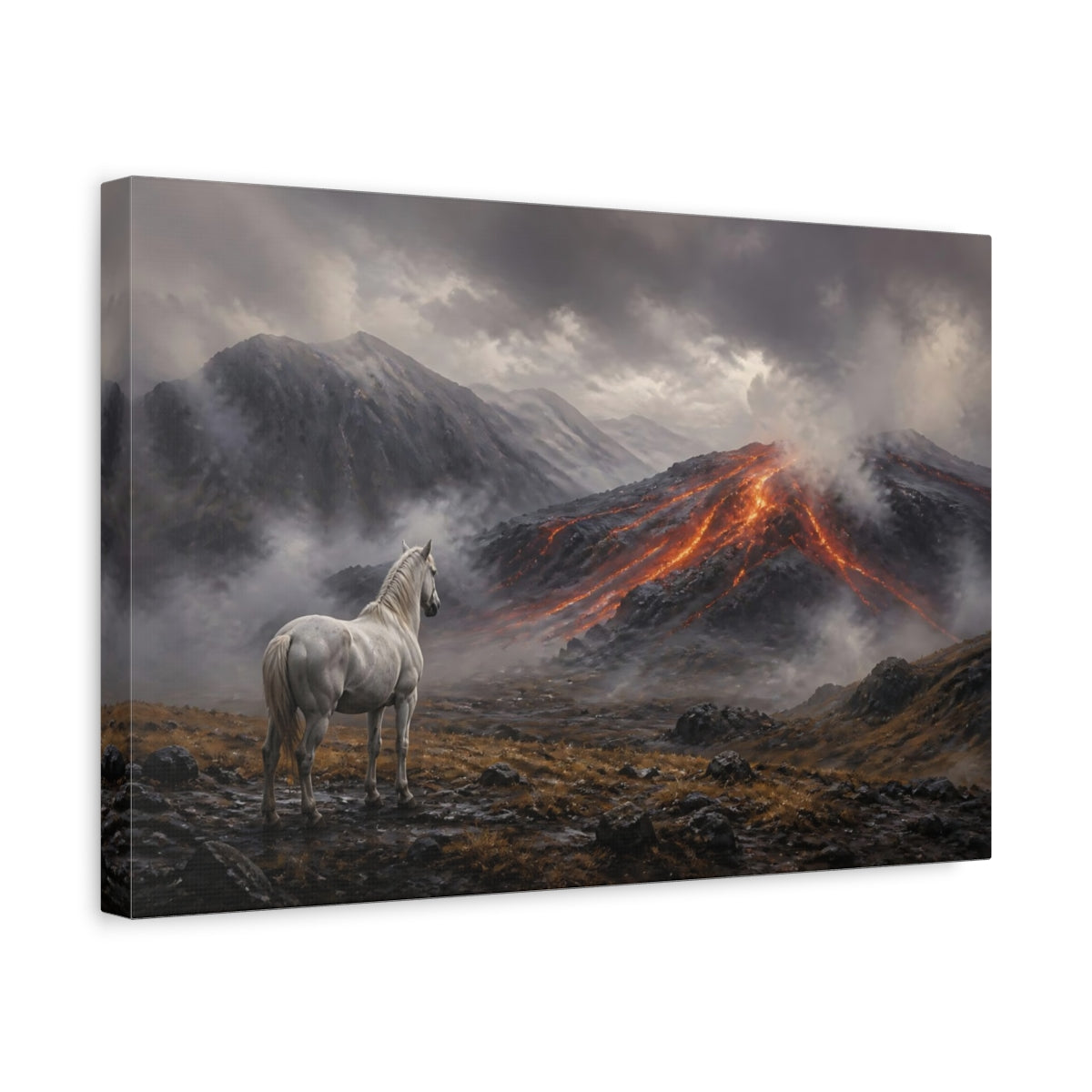 Side Mockup 4. White Horse Lava Landscape shown as canvas print