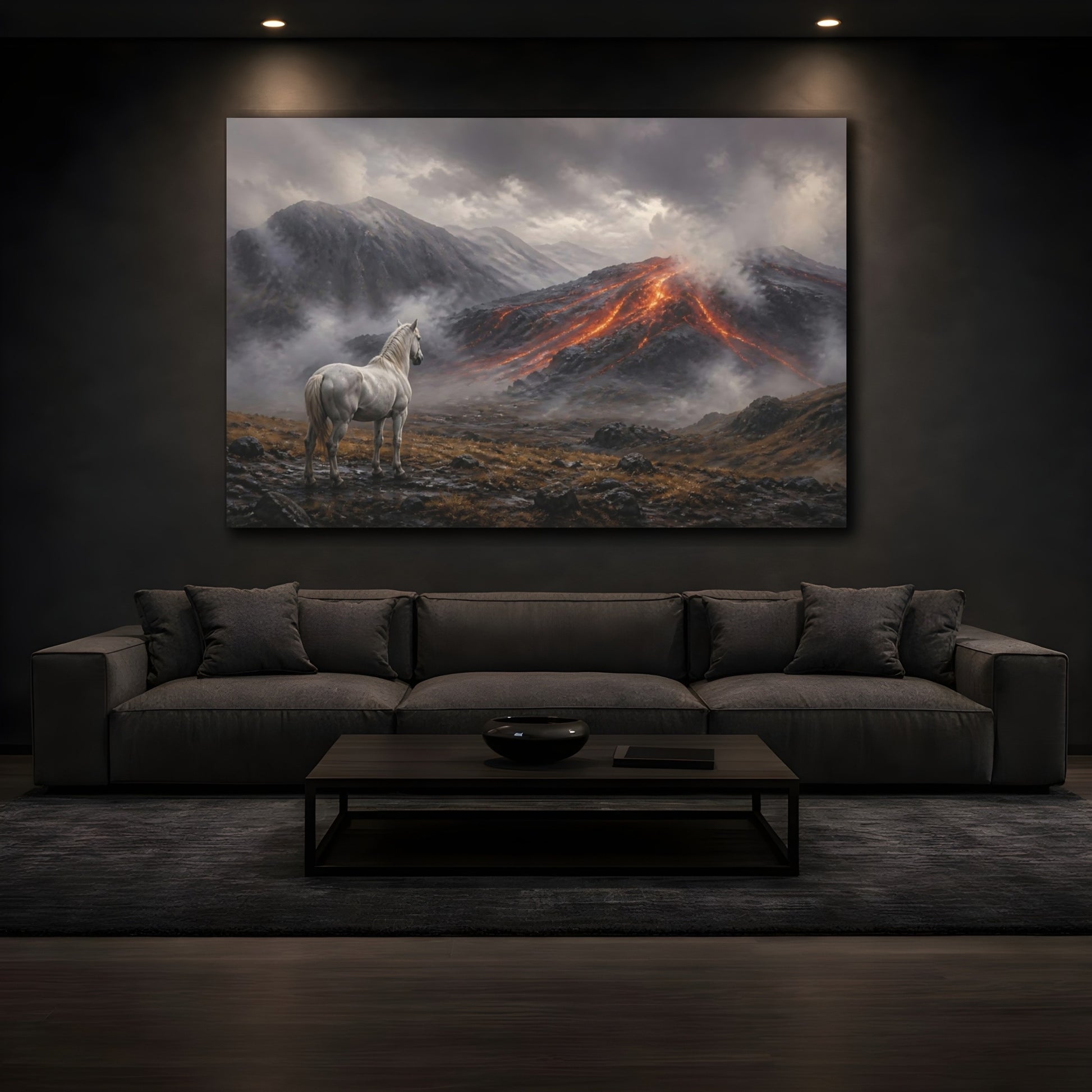 Mockup 3. White Horse Lava Landscape shown as canvas print