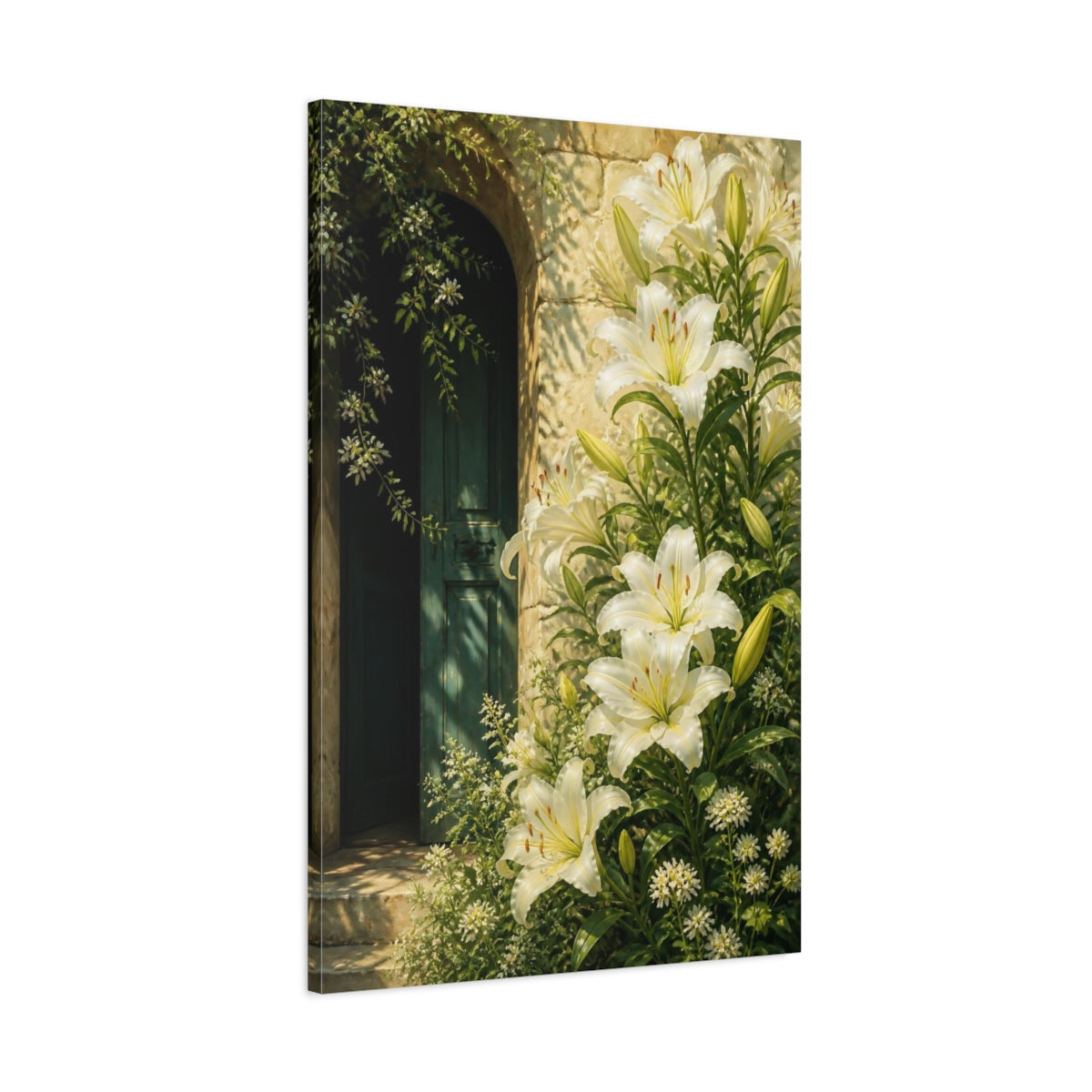 Main Mockup. White Lily Floral Doorway shown as canvas print