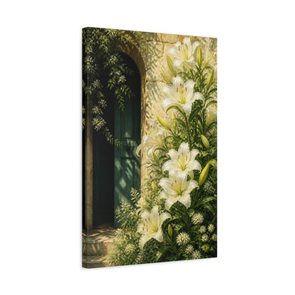 Side Mockup 3. White Lily Floral Doorway shown as canvas print