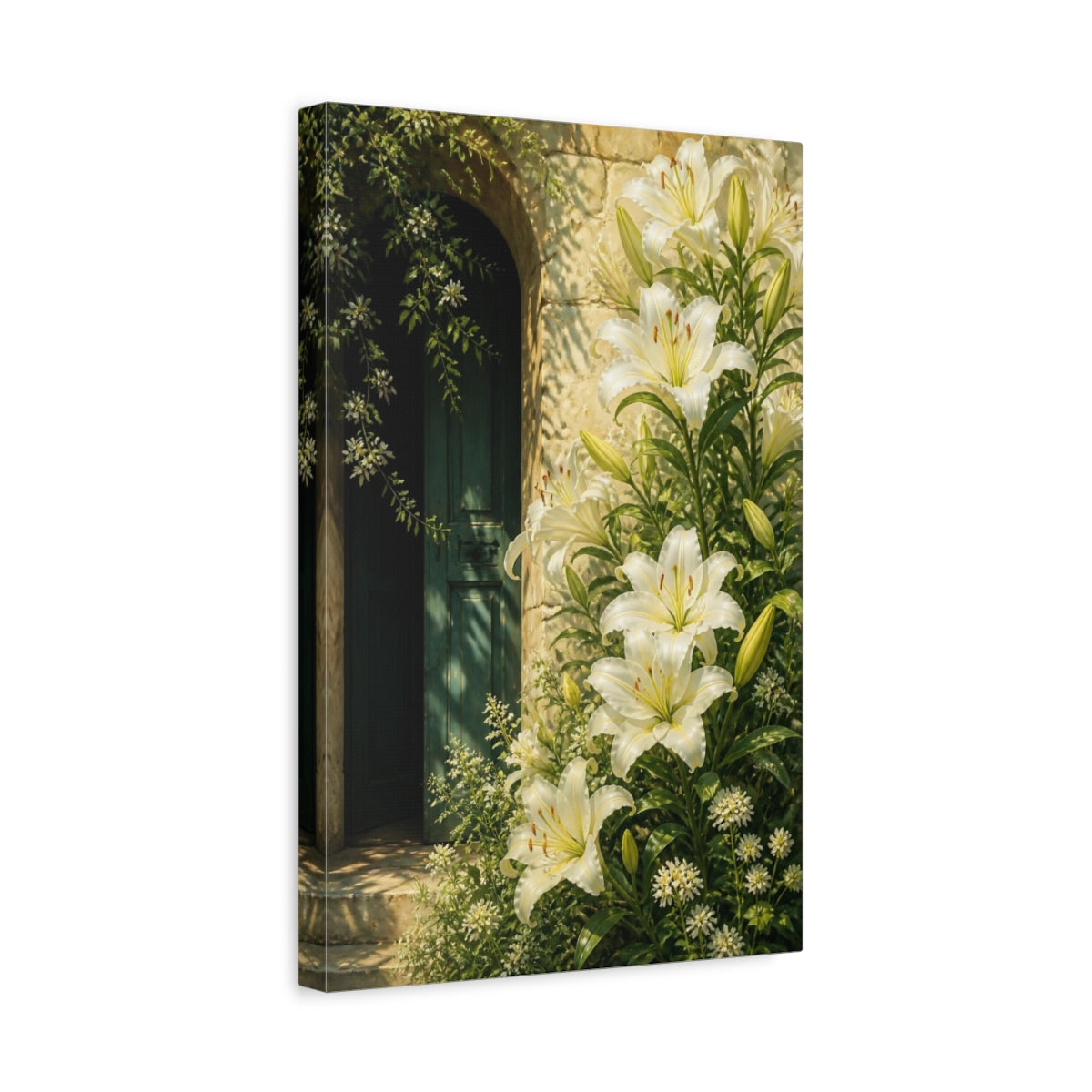 Side Mockup 4. White Lily Floral Doorway shown as canvas print