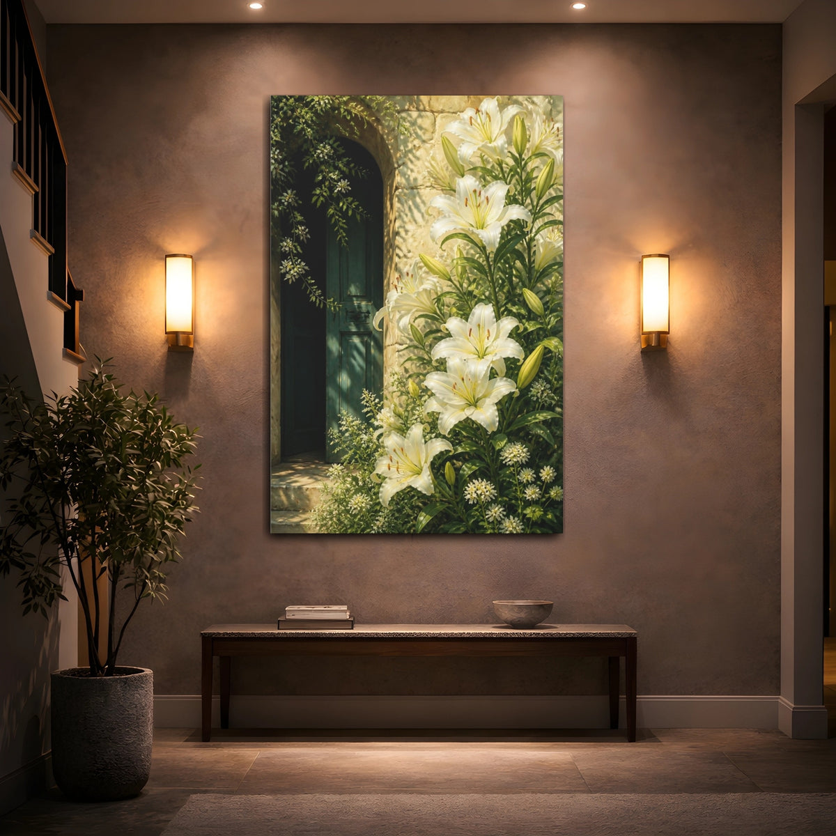 Mockup 2. White Lily Floral Doorway shown as canvas print
